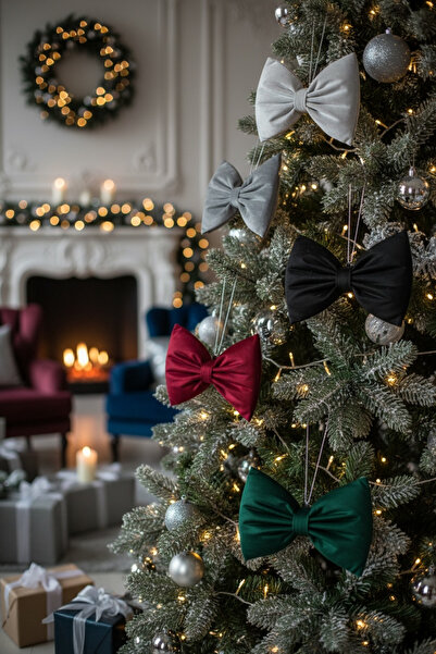 JACA Yılbaşı Ağacı Süsü Noel Ağacı Kadife Kumaş Fiyonk Süs Seti