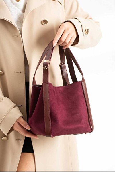 ÖZÜM TAKI Women's Large Size Suede Shoulder Bag Burgundy