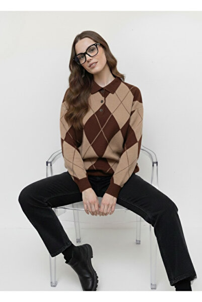 meday Clothing Lux Vintage Baklava Patterned, Polo Neck, Premium Knitwear Sweater