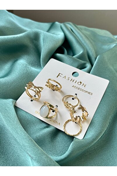 D&Z ACCESSORİES 6'lı Gold Renk Ayarlanabilir Yüzük Seti | Fiyonk Kelebek Figü...