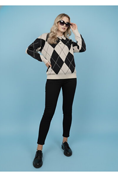 meday Clothing Lux Vintage Baklava Patterned, Polo Neck, Premium Knitwear Sweater