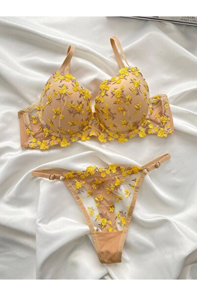 La Douce Yellow Floral Patterned Lace Supported Bra Thong Panties Underwear Set