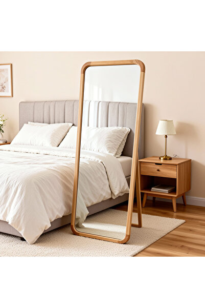 Areka Buckle tall floor mirror with a beige natural wood frame – tempered glass – size 180x80