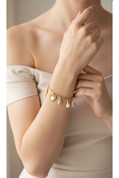 AKSESUARIM Women's Heart Fish and Moon Detailed Dangle Steel Bracelet