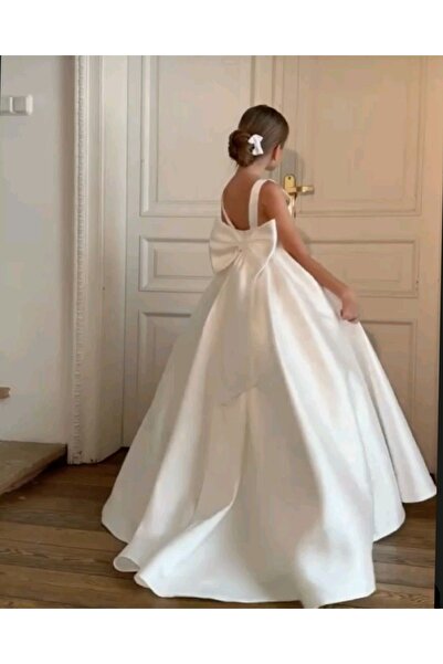 FİLİZ ŞANAL Beyaz saten uzun kuyruklu fıyonklu dogum gunu mezunıyet nıkah elbisesi