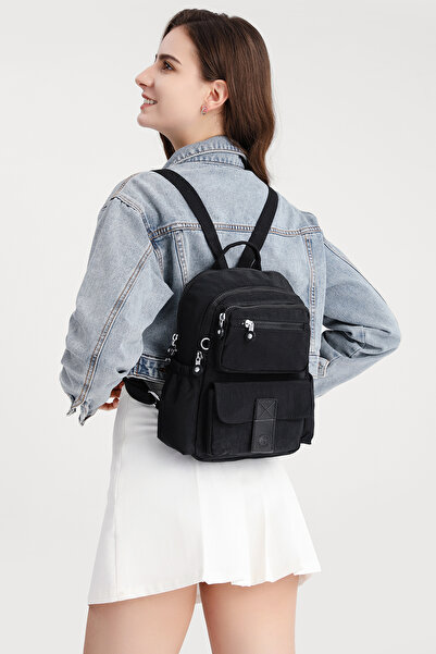 Hüvendo Smart Waterproof Multi-Pocket Small Size Crinkle Casual Women's Backpack Black