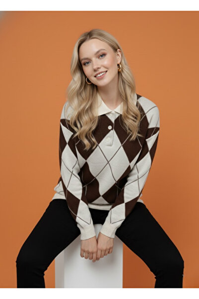 meday Clothing Lux Vintage Baklava Patterned, Polo Neck, Premium Knitwear Sweater