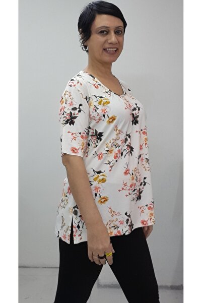Mertcan Butik Cream Floral Print Front Smocked Short Sleeve Combed Viscose T-Shirt