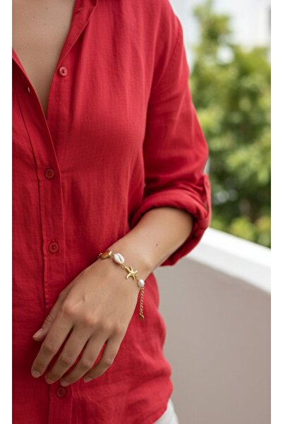 AKSESUARIM Women's Steel Bracelet with Shell and Starfish Detail