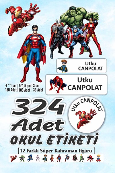 Vice isim Baskılı Defter Kalem Okul Etiketi (324 Adet Süper Kahramanlar Temal...