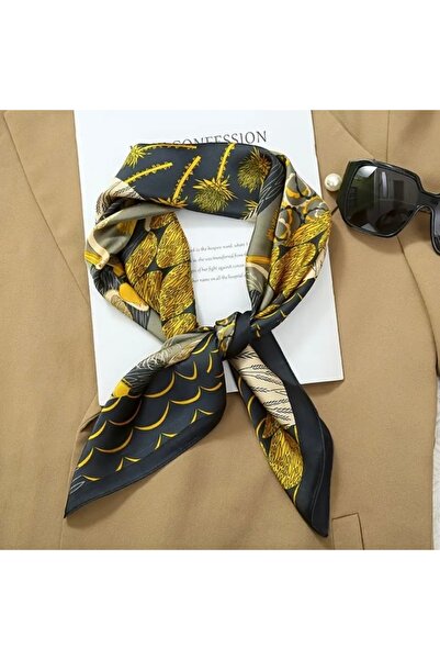 Accessories Hei Black and Yellow Patterned Stylish Silk-Look Women's Accessory Scarf Foulard