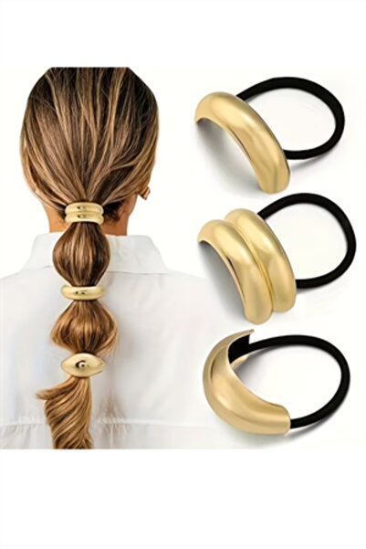 Trade Bazaar 3 Adet Altın Renkli Saç Lastiği – Kalın Saçlar İçin Metal Tokalı Esnek Saç Lastikleri | Geometrik &