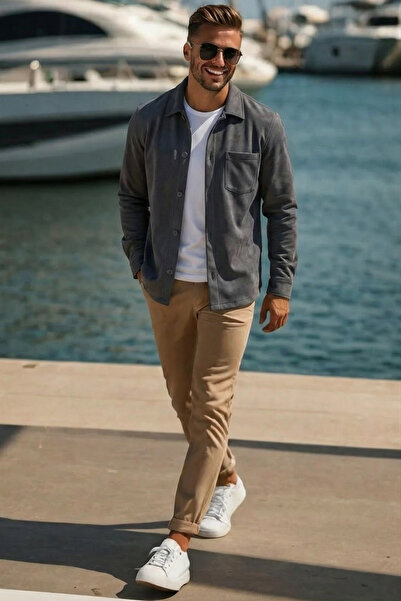 MADZEYMODA Men's Single Pocket Scuba Fabric Smoked Suede Shirt Ls-19811