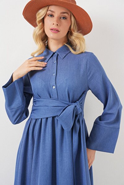 ALPACO Linen Dress with Tie Front 2574 - Indigo