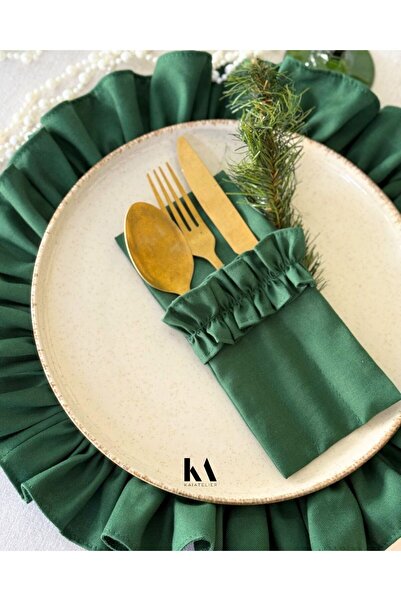 KaiAtelier 6Lı Mossy Fırfırlı Keten 3 Bölmeli Çatal-Kaşık-Bıçak Kılıfı
