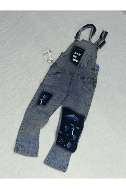 Genel Markalar 8-9 yaş kız çocuk jeans tulum baskılı buz mavi