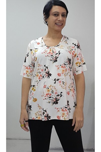 Mertcan Butik Cream Floral Print Front Smocked Short Sleeve Combed Viscose T-Shirt
