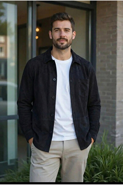 MADZEYMODA Men's Single Pocket Scuba Fabric Black Suede Shirt Ls-19811