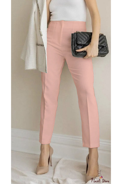 strivex High Waist Stitching Detailed Pencil piped Carrot Slim Leg Powder Fabric Trousers
