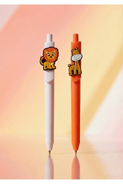 excarpin Aslan ve Zürafa Figürlü 2’li Kalem Seti – Beyaz & Turuncu Renkleriyl...