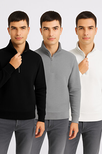 DeFacto 3-Pack Comfort Fit Mock Neck Textured Half-Zip Waffle Sweatshirt D7543Ax25Sp