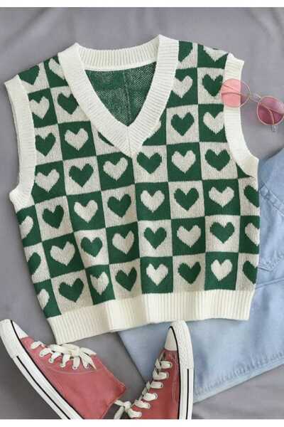 LUVON Γυναικείο πουλόβερ με λαιμόκοψη σε σχήμα V με πράσινη καρδιά