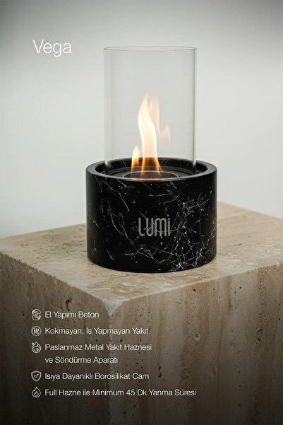 lumi atelier Lumi Vega No:1 – Masaüstü Bacasız Beton Şömine (Camlı) + 1 L Bio...