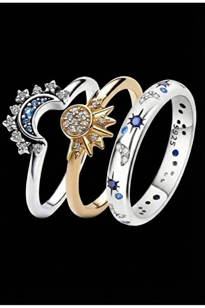 Köstebek Adjustable 3-Piece Ring Set with Sun, Moon and Star Motifs