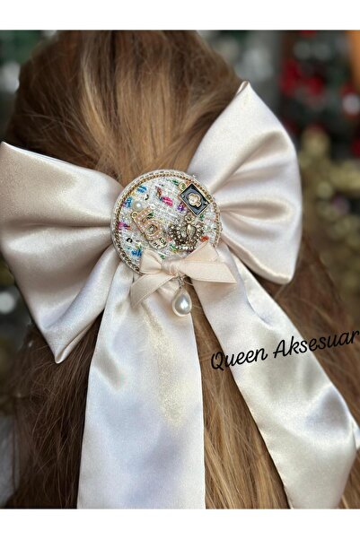 QUEEN AKSESUAR Luxury Design 5No Pearl Pendant Stone Embellished Brooch Satin Automatic Clip-On Big Bow Buckle Cream Beige