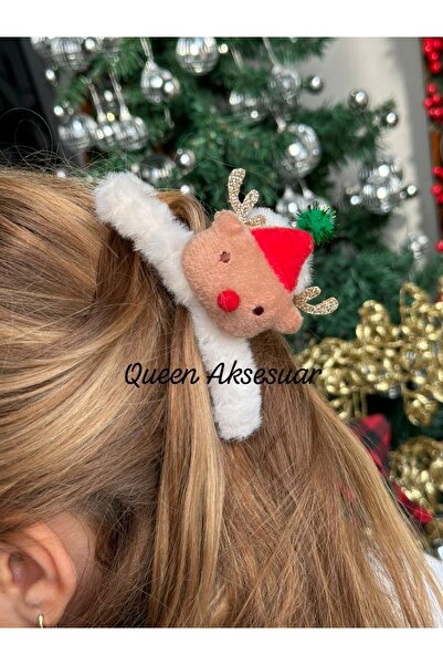 QUEEN AKSESUAR Sevimli peluş oyuncak 3d geyikli simli süslü beyaz mandal kadı...