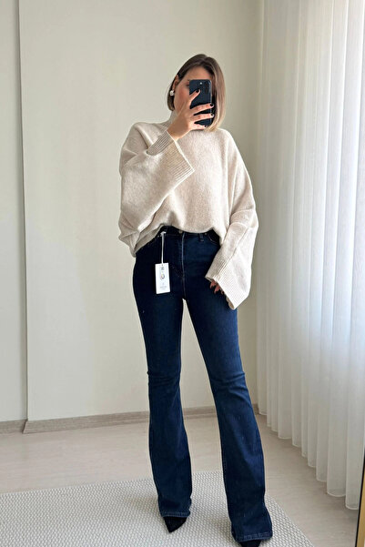 Kubos Moda Flared High Waist Snow Wash Navy Blue Jean Pants