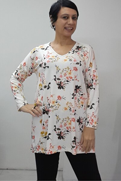 Mertcan Butik V-Neck Cream Black Floral Print All-Over Low-Sleeve Long-Sleeve Combed Viscose T-Shirt