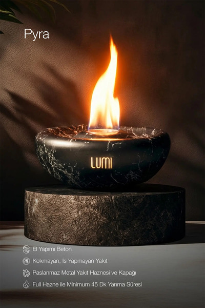 lumi atelier Lumi Pyra – Masaüstü Bacasız Beton Şömine + 1 L Bioethanol Hediye