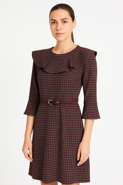 obelleatelier OBELLE Kadın Bordo Kareli Şık Elbise