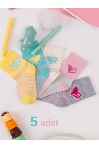 Hobins Sportswear & Company 5'çift Bebek & Çocuk Çorap Kalp Desenli Dört Mevs...