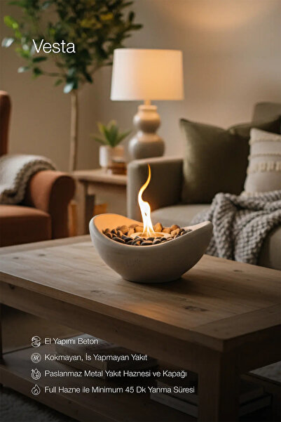 lumi atelier Lumi Vesta – Masaüstü Bacasız Beton Şömine + 1 L Bioethanol Hediye