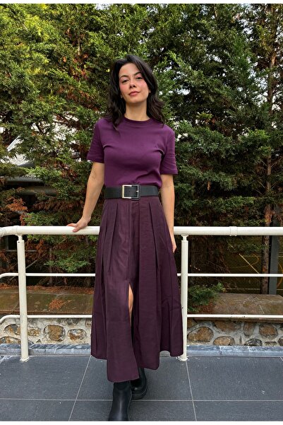 Somut istanbul Belted Midi Length Slit Skirt with Pleated Detail