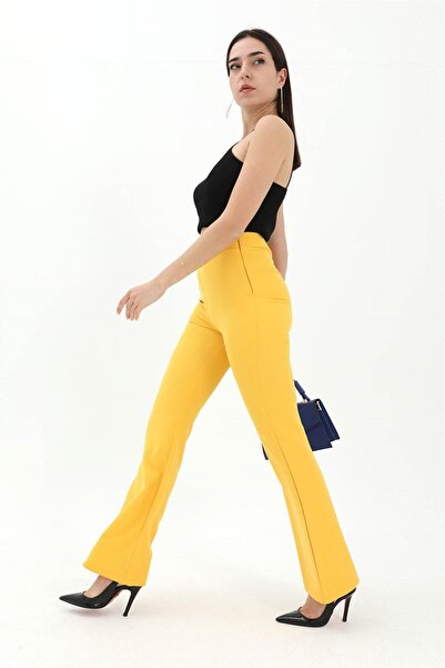 VELİZADE Model confortabil pentru femei, pantaloni galbeni cu talie înaltă, c...