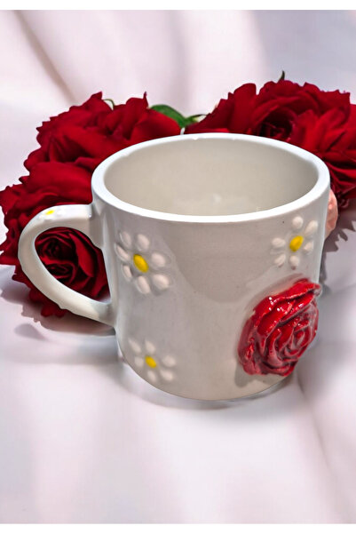 Kupa Bella Çiçek Desenli Fincan, El Yapımı Seramik Bardak, Hediyelik Bardak