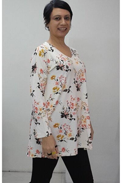 Mertcan Butik V-Neck Cream Black Floral Print All-Over Low-Sleeve Long-Sleeve Combed Viscose T-Shirt