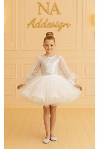 NA ADDESIGN فستان بناتي منفوش بتصميم خاص مزين بالترتر وأكمام بالون من التول (...