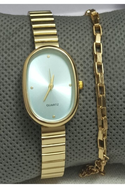 Gerçek Hediyelik Şık Kadın Kol Saati & Bileklik Set, Altın Renk Kordon, Zarif...