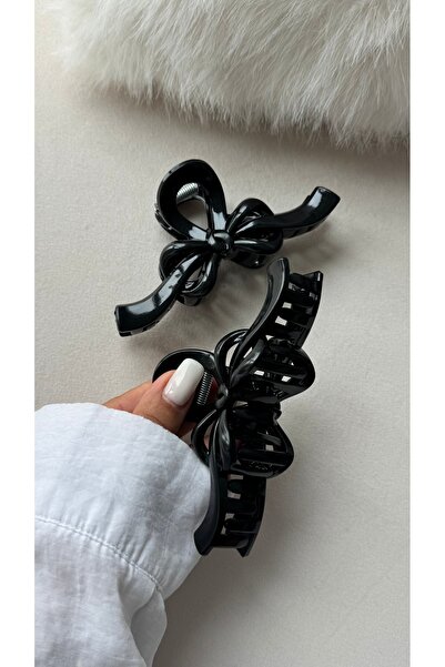 YOYYO مشبك شعر نسائي أسود اللون مكون من قطعتين مع فيونكة لامعة