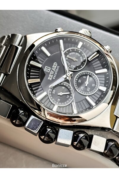 Reward Men's Watch, with Calendar, Black Dial, Silver Color Steel Band, Functions Active, Bracelet Gift