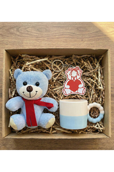 Hr Production Kişiye Özel Hediye Seti|25cm Mavi Peluş Ayıcık,Mavi Flowly Kupa...