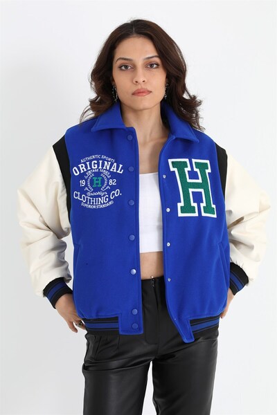 VELİZADE Kadın Lacivert Kalın Kışlık Soğuk Havaya Dayanıklı Kolları Deri Nakı...