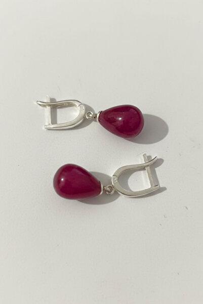 bymissmücevherat 925 Ayar Gümüş Yakut Taşlı Damla Küpe – 8x12 mm Yarı Değerli...