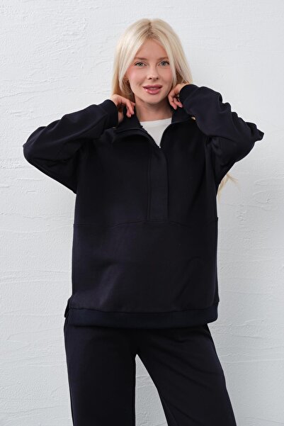 BUSA Σετ αθλητική φόρμα εγκυμοσύνης με φερμουάρ ψηλόμεση ΣΚΟΥΡΟ ΜΠΛΕ