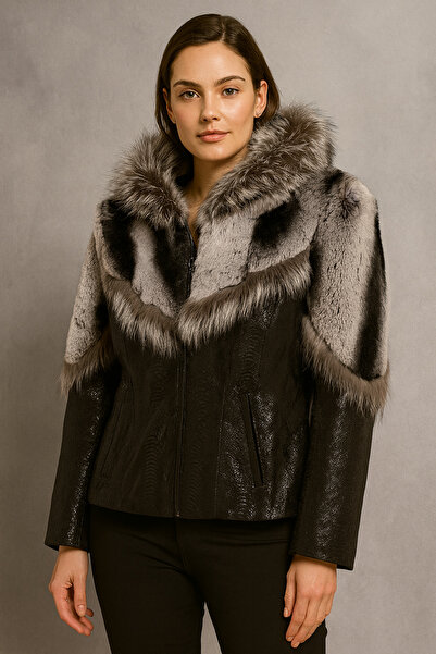 HMO Store Siyah Rengi Özel Tasarım Premium Hakiki Kürk Hakiki Deri Ceket