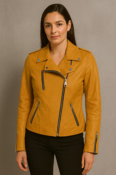 HMO Store Sarı Özel Tasarım Yan Fermuar Premium Kadın Hakiki Deri Ceket